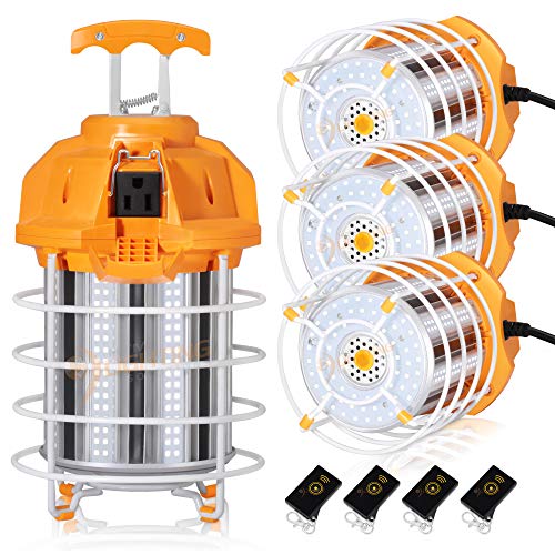 100W LED Temporary Construction Work Light with IR Remote Control - 12,000lm 5000K Daylight White - 250W-400W MH Equal Portable Commercial Linkable Job Site Cage Lighting - IP65 UL Listed (4Pack)