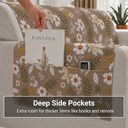 Image of STITCHNEST 'Frostvine Collection' 2 Seater Sofa Cover | Full Coverage with Armrest Pockets | Cotton Quilted Fabric, Decorative Tassels, Washable & Durable for Modern Living
