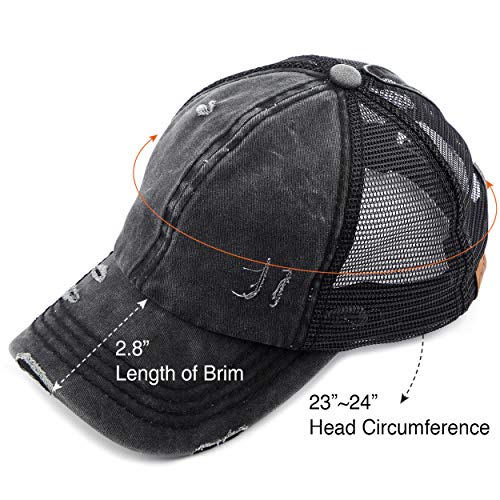 Image of C.C Exclusives Washed Distressed Cotton Denim Criss-Cross Ponytail Hat Baseball Cap Bundle Hair Tie (BT-1007)