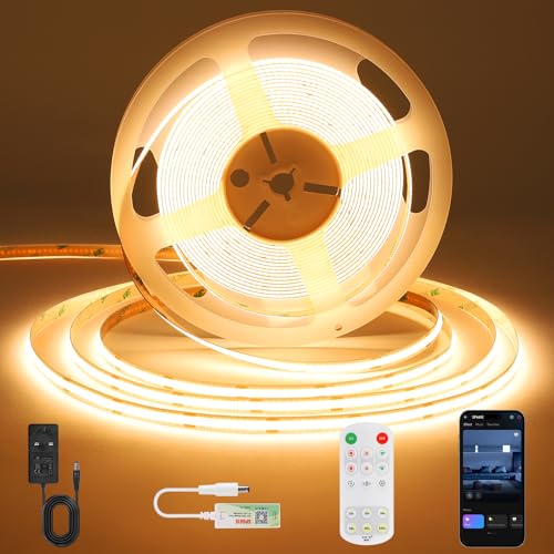 ACELUMO Smart App COB LED Strip 5m, Warm White LED Strip Lights with Timer Function, Dynamic Color for Ambiance Lighting in Under Cabinet, Wardrobe, Stairs, Mirror, Bathroom, Under Bed, 3000K