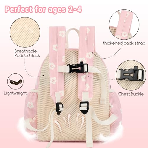 Image of Corduroy Toddler Backpack for Boys & Girls, Kids Backpacks | Small Kids Bookbag for School, 2-4 Preschool Kindergarten Backpack, Toddler Daycare Backpack - Flower-Pink