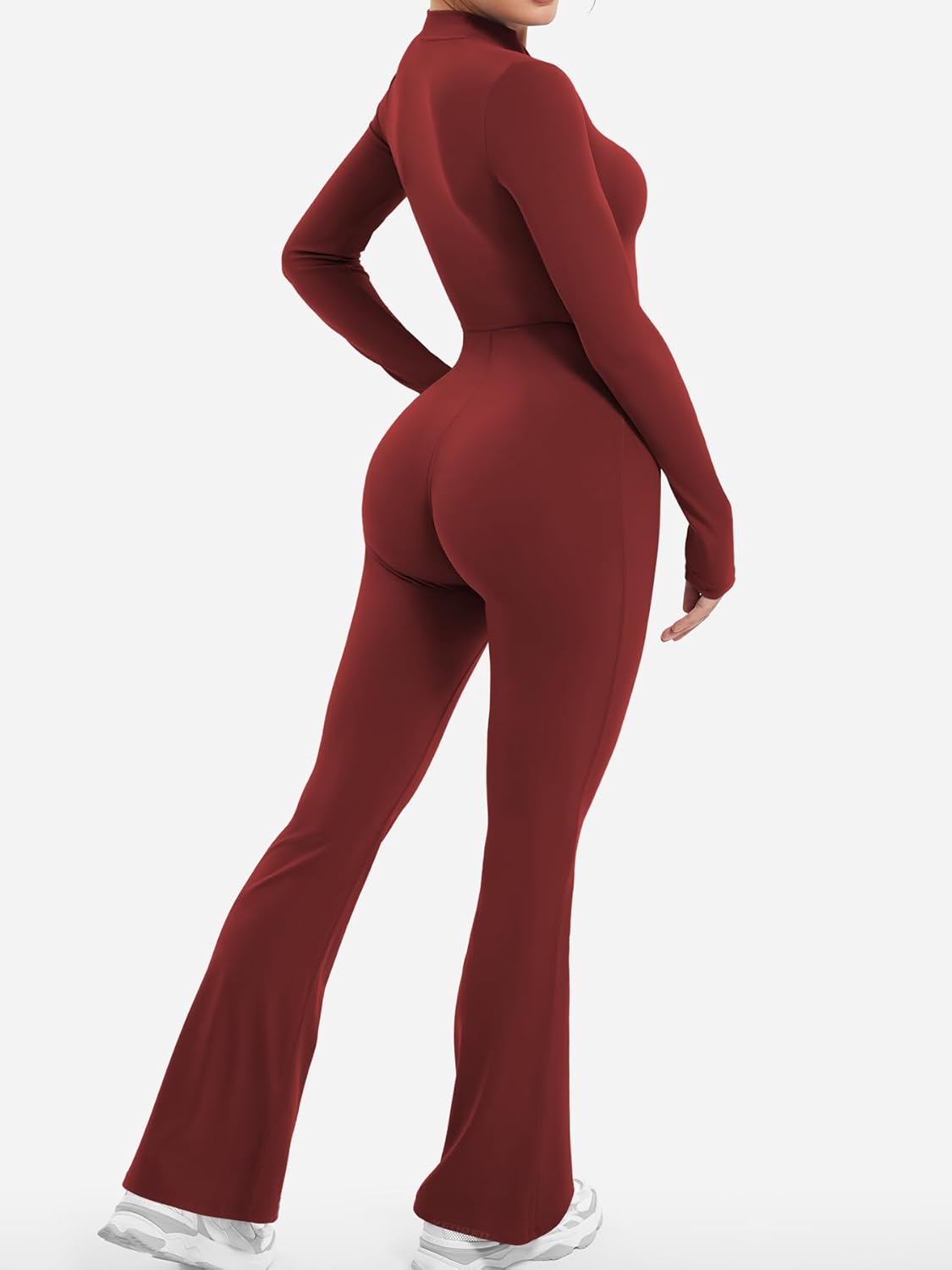 YEOREO Women Long Sleeve Flare Workout Jumpsuit Zip Up Romper Bottom Pants Wide Leg Bodysuit Bodycon Sexy One Piece - Image 4