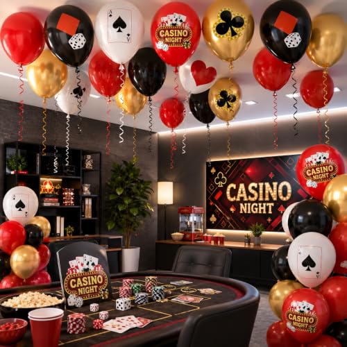 Image of HILAVO Casino Balloons 12 Inch Dice Poker Casino Theme Balloons Red Black Gold Poker Latex Party Balloon for Game Night Las Vegas Themed Birthday Party Decoration