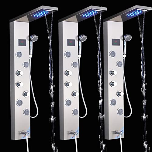 Sistema de Panel de Ducha para Baño, Torre de Agua con Lluvia LED, Sistema de Ducha con Pantalla de Temperatura y Chorros de Masaje, Acabado en Níquel Cepillado miniatura 2