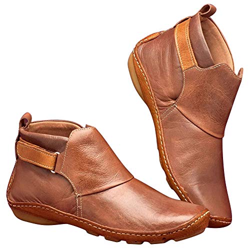 Coomir Botas de Invierno, Botines de Cuero Otoño Vintage Zapatos de Mujer Botas cómodas de tacón Plano Bota Corta