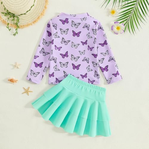 Image of Girls Rash Guard Swimsuit Set UPF 50+ Long Sleeve Two Piece Swimwear Half Zip with Skirt Bottom for Kids 3-10Y