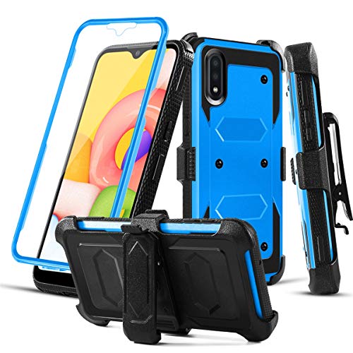 RioGree Phone Case for Samsung Galaxy A01 with Belt Clip Screen Protector Kickstand Heavy Duty Durable for Women Men Girls Boys (Blue)