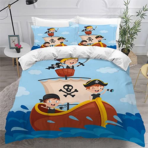 VASENA Housse de Couette 140x200 Enfant Navire Pirate Parure de Lit 1 Personne Microfibre Housse de Couette Plage D'été 3D Imprimé Literie Set 3 Pièces avec...