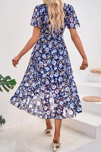 PRETTYGARDEN Women's Summer Floral Boho Maxi Dress Wrap Short Sleeve V Neck Ruffle A-Line Flowy Wedding Guest Long Dresses