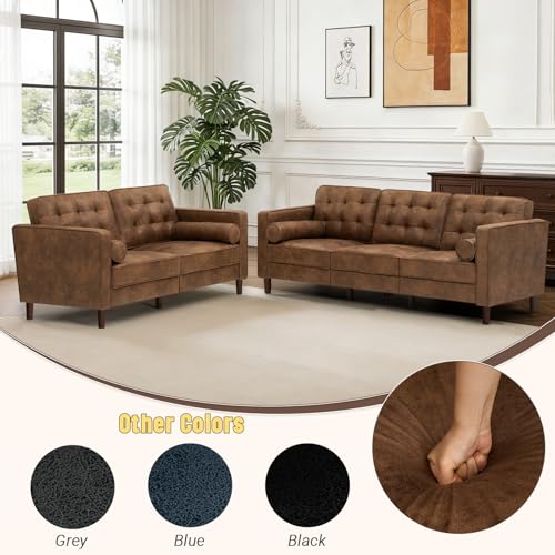 Image of 2 Pieces Suede Leather Sofa Set with Bolster Pillows, Brown | Tufted 3-seat Sofa and Loveseat Couch with Wooden Legs, Upholstered Living Room Set for Living Room, Office
