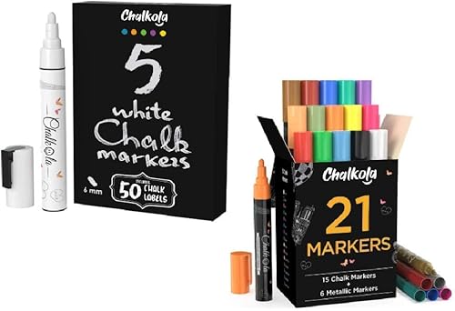 Paquete de colores vibrantes, 5 bolígrafos blancos y 21 rotuladores de tiza de neón.