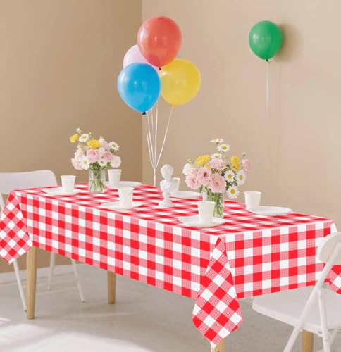 Image of SietDESEO 2 Pack Red Gingham Tablecloth Rectangle 54 x 108 Red and White Checkered Table Cloth Disposable Plaid Table Cover Plastic for Birthday Baby Shower Picnic Wedding Party Supplies