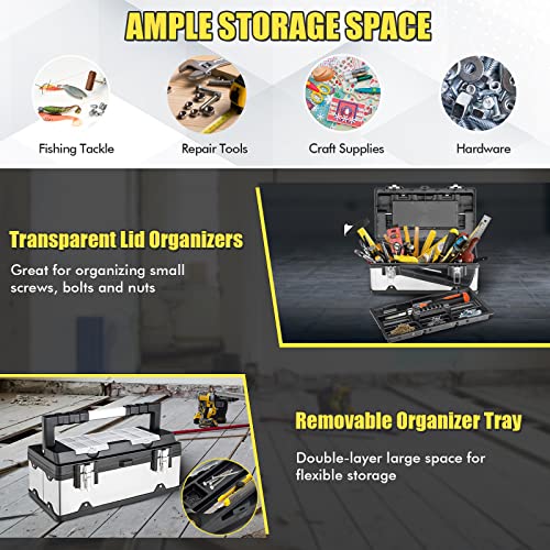 Safstar 19 Inch Tool Box, Lockable Organizer Toolbox W/Removable Tray & Portable Handle, Handle Essential Tool Kit Box, Aluminum Steel Tool Storage Box For Home Garage, Free Assembly #TOP5