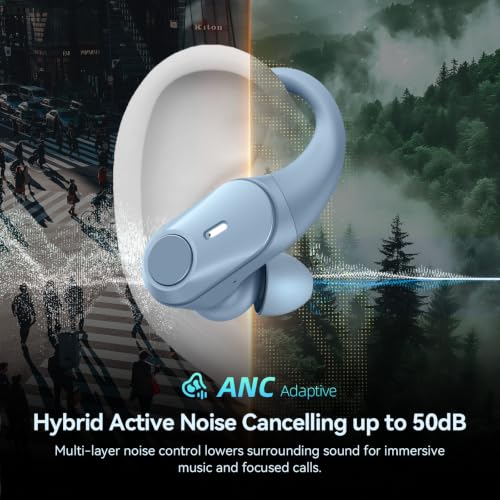 Image of Active Noise Cancelling Ear Buds Wireless Earbuds 80H Playtime Bluetooth Headphones with LED Display Case, Hi-Res Audio Clear Calls Earphones with Over Ear Hooks for Running Gym Workout Sierra Blue