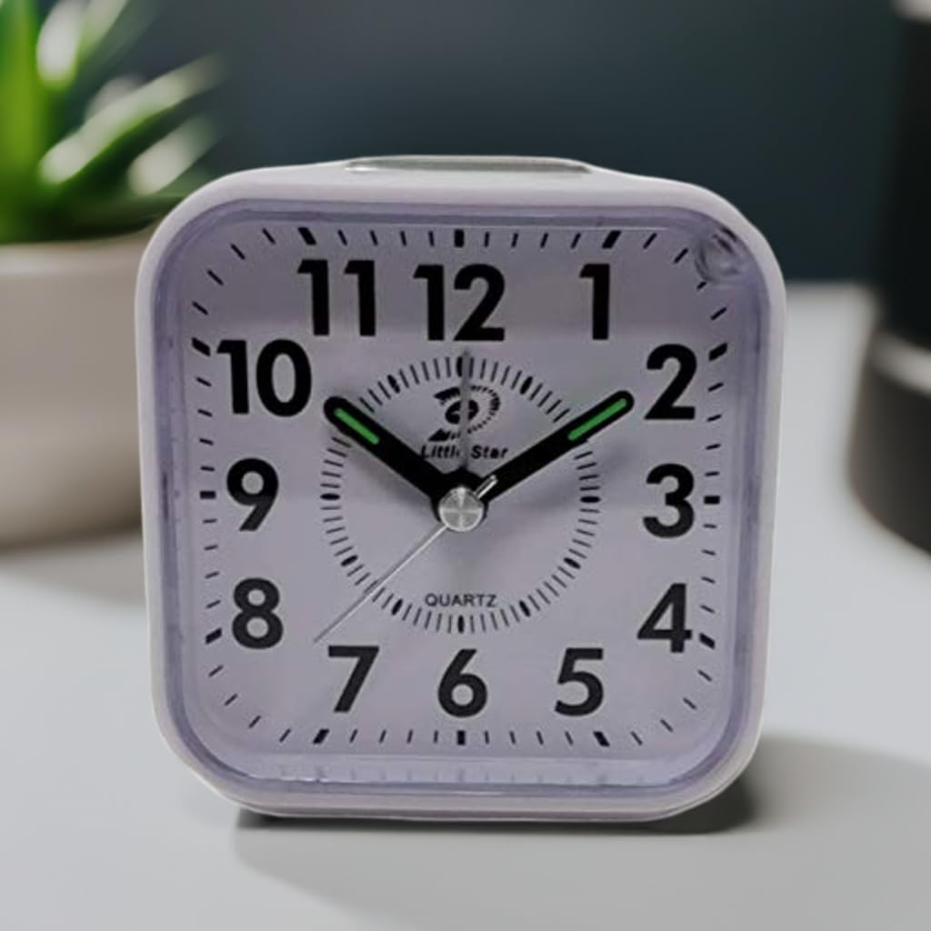 JRose Collections Compact Silent Alarm Clock with Night Light, Oversleeping Alarm & 4-Level Beeps, Battery Operated, 8x8cm, Travel Alarm clock (White)