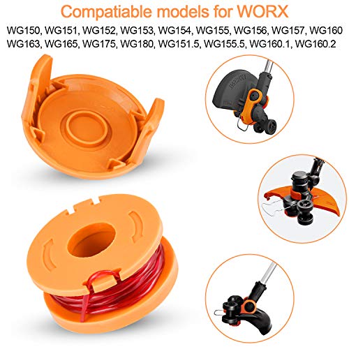 EAONE 10 Pack Replacement Trimmer Edger Spool Line with Trimmer Cap Cover, 10ft 0.065\" Single Line Grass Trimmer Auto-Feed Spool Weed Wacker Eater String for Worx WG150-WG157 WG160 WG163 WG180 etc.