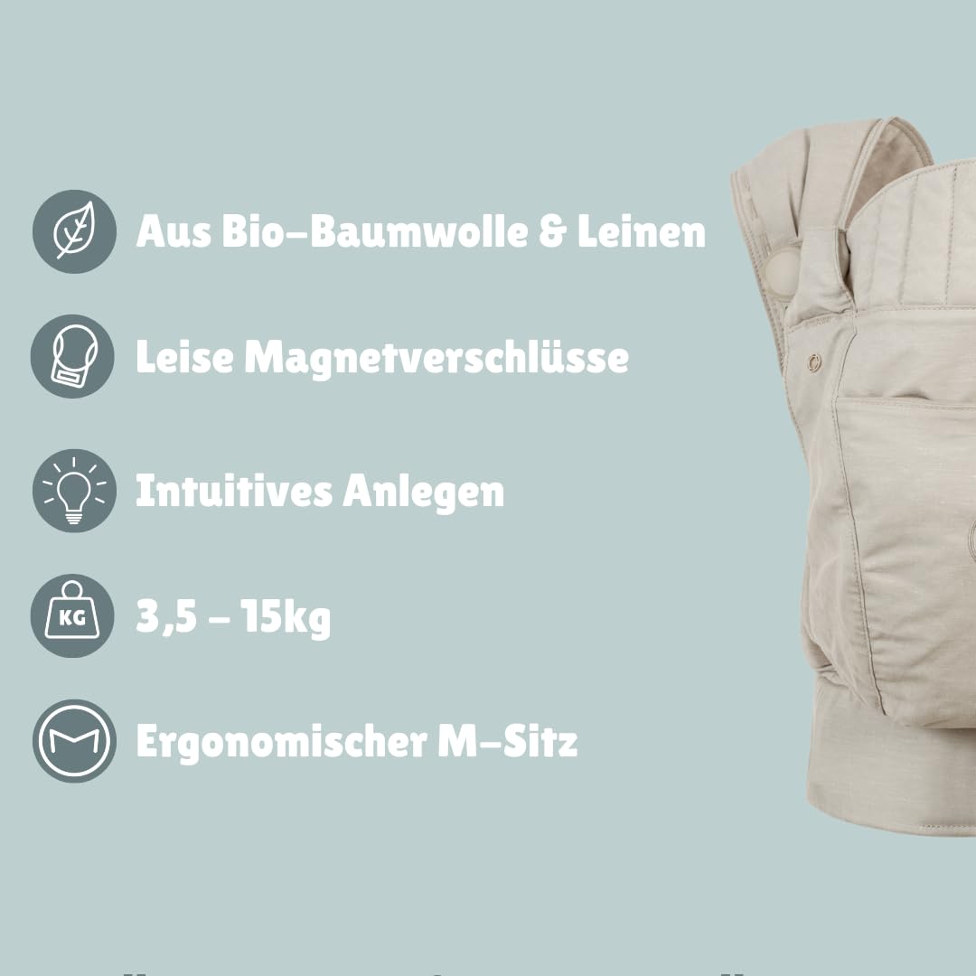 emma & noah Premium Babytrage – mitwachsend 3,5–15kg, ergonomisch, leise Magnetverschlüsse, gepolsterte Gurte & Hüftgurt, Leinen & Bio-Baumwolle (Essential Beige)