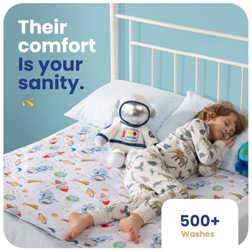 Image of IMPROVIA Pee Pads for Kids - Bed wetting Pads for Kids Potty Training Bed mats for Toddlers Waterproof Reuseable Washable Absorbent, Non Slip - Space Design - Full Size 34 inchx52