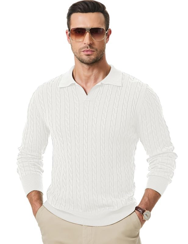 Men's Sweater V Neck Cable Knit Pullover Sweater Casual Long Sleeve Collared Twist Patterned Polo Sweaters3