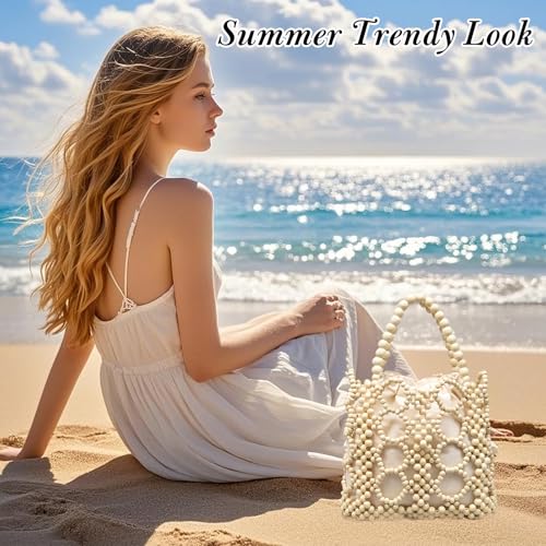 Image of YYW Unique Handmade Wooden Bead Tote Bag for Women, Small Handwoven Clutch Purses Woven Bucket Handbag and Drawstring Handbag