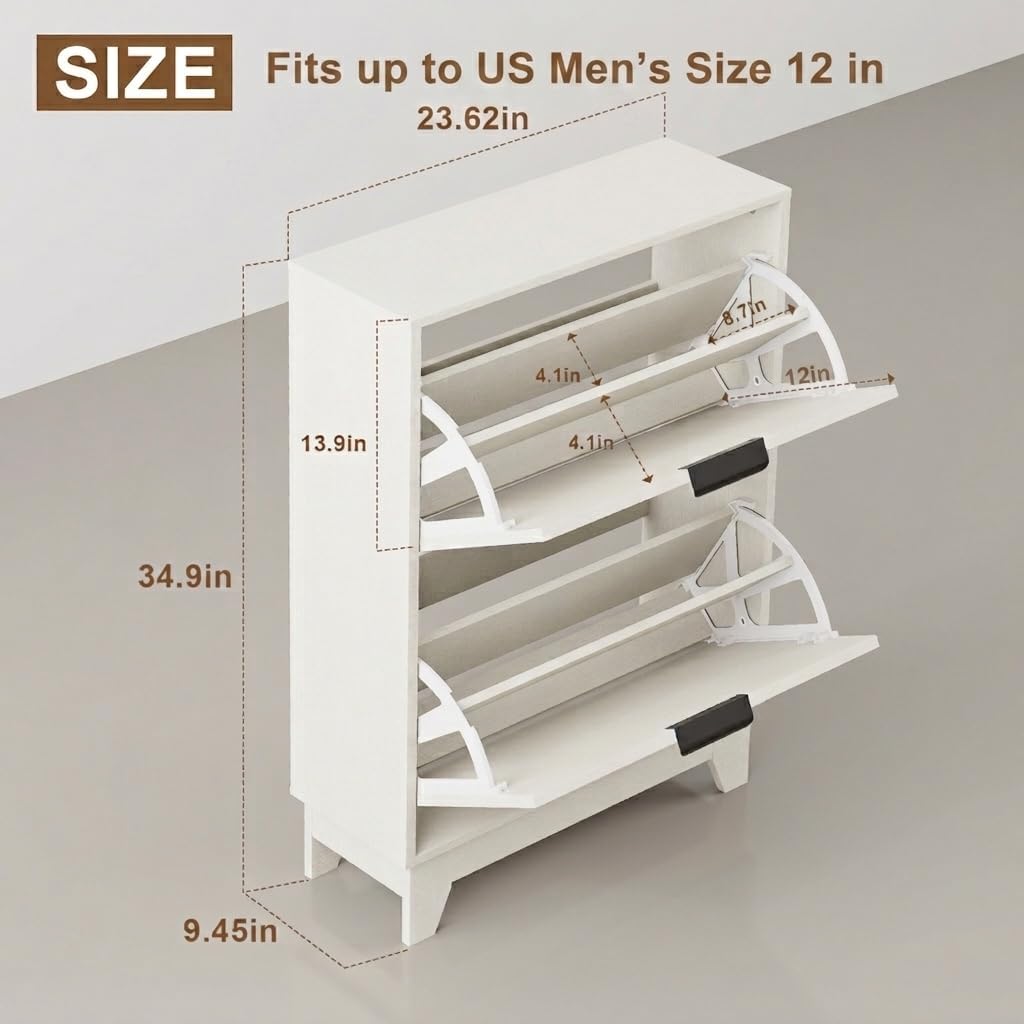 Rattan Shoe Cabinet with 2 Flip Drawers, 12" Deep Shoe Storage Cabinet for Entryway, Cream White Wood Grain Boho Shoe Organizer for Men's Sneakers & Boots, Space Saving Hidden Shoe Rack