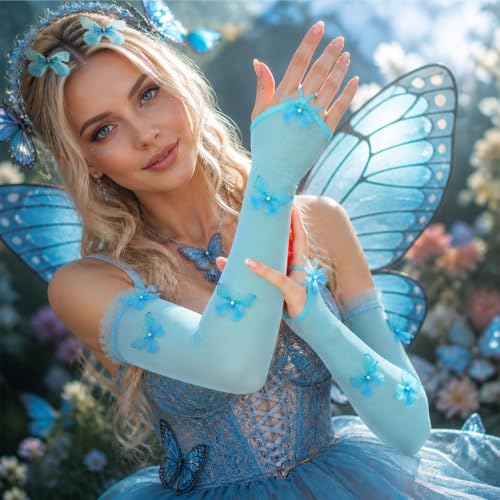 Luhiew Halloween Decorations Women's Butterfly Arm Warmer with 4 Pcs Butterfly Hair Clips (blue) - image 7
