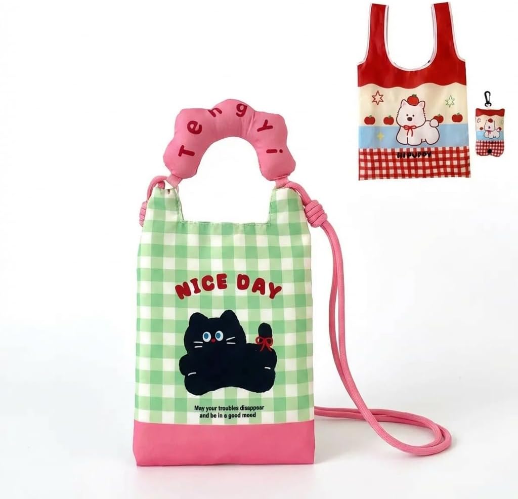 Girl's Mini Crossbody Phone Bag with Foldable Reusable Shopping Bag Tote Set Kawaii Kitty, Rabbit, Apple Pattern Cute Handbag