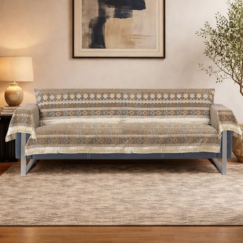 Image of Elegant Woven Brown Sofa Cover Soft Chenille Traditional Pattern with Lace Style | L-Shape Sectional Seat Protector for Living Room | Durable & Stylish Slipcover 3 Seater with Arms