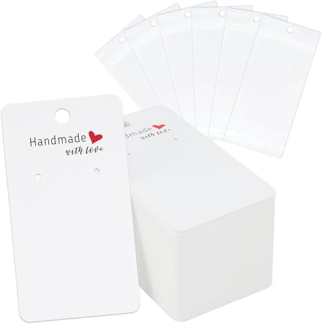 joycraft 100Pcs Earring Display Cards with Bags, 2x3.5 inch Earring Display Holder Cards, White Handmade with Love Earring Tags for Selling, Hanging Earring, DIY Jewelry Crafts, Retail