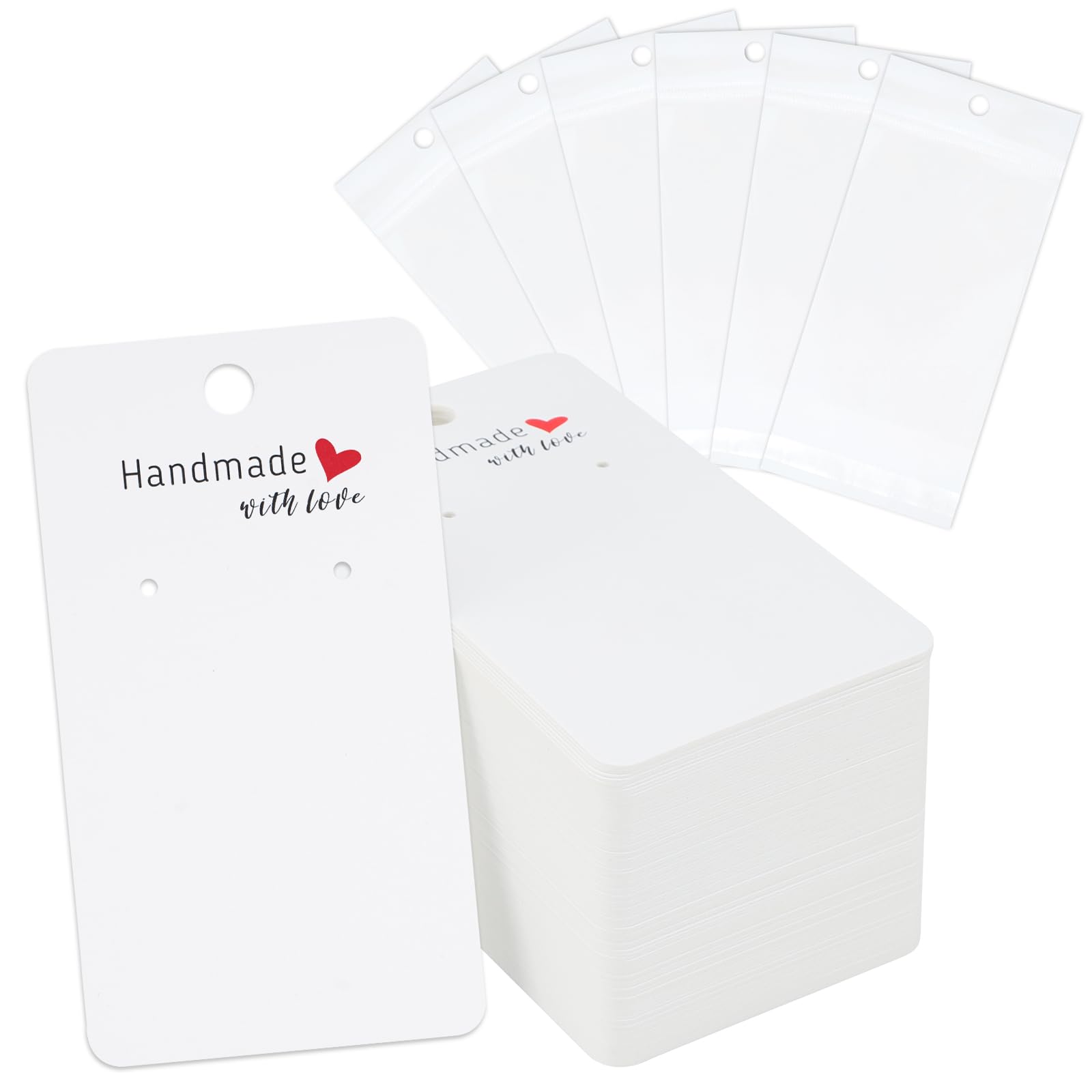 joycraft 100Pcs Earring Display Cards with Bags, 2x3.5 inch Earring Display Holder Cards, White Handmade with Love Earring Tags for Selling, Hanging Earring, DIY Jewelry Crafts, Retail