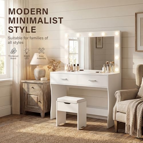 Image of YESHOMY Vanity Desk with Mirror,Makeup Vanity Table with 11 Adjustable Lights and 2 Spacious Drawers,3 Lighting Modes with Control&Soft-Padded Storage Stool,Modern Bedroom Vanity Set, White