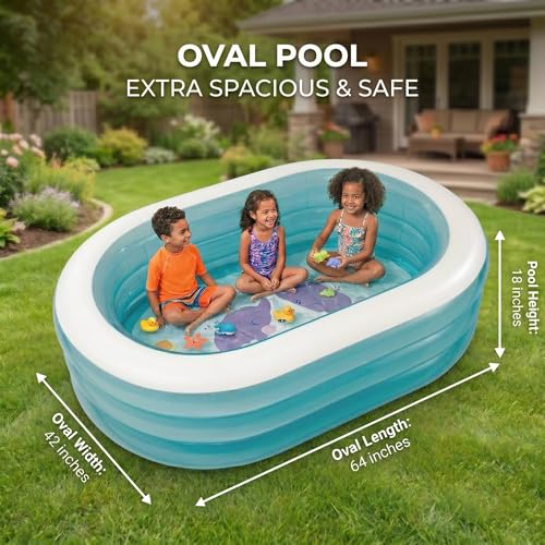 Image of Coku 5.5 Feet Oval Inflatable Swimming Pool for Kids & Adults | 3-Ring Family Pool, Thick PVC Foldable Bathtub, 64 x 42 x 18 Inch for Backyard, Garden, Indoor Outdoor Use