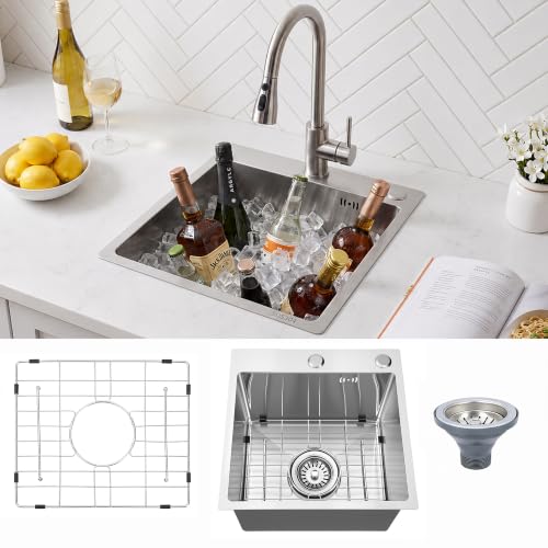 Image of Geetery 15 x 15 Inch Drop in Bar Sink, 9 inch Deep Single Bowl 304 Stainless Steel Top Mount Small Kitchen Sink Set with Grid Drain Strainer P-trap Drain Kit for Outdoor Rv Bar Coffee Laundry