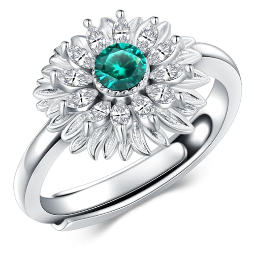 Emerald Sunflower Design Ring 925 Sterling Silver Round Cut 3.5 mm Emerald Sunflower Engagement Ring for Women
