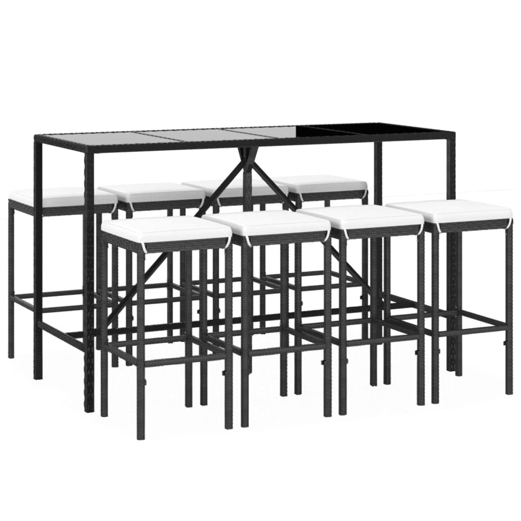 Genérico Mesa y taburetes Altos jardín 9 Piezas y Cojines ratán PE Negro,Mobiliario,Muebles de jardín,Conjuntos de jardín,3187637