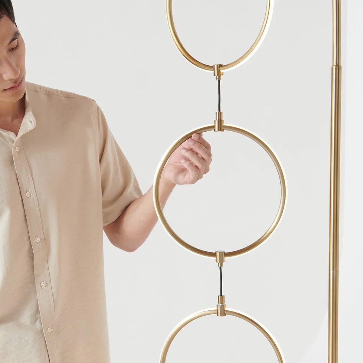 Brightech Nova - Contemporary Arc Floor Lamp W. Unique 3-Circle Ring Style Pendant - Over The Couch Hanging Light On Arching Pole - Modern Living Room Lighting Matches Decor & Gets Compliments - Gold