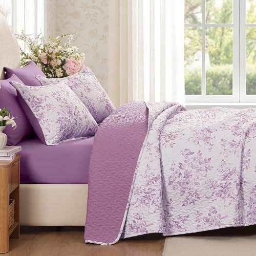 Image of Andency Quilt Twin Size, Purple Flower Bedspread Twin Size, 3 Pieces Soft Bedding Set for Women Teen Girls, Lightweight Coverlet Set for All Season with 2 Pillowcases (68 inchx86 inch)