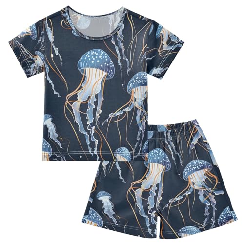 senya Short Sleeve Pajamas Sets Summer Cotton Sleepwear Jellyfish on A Dark Background