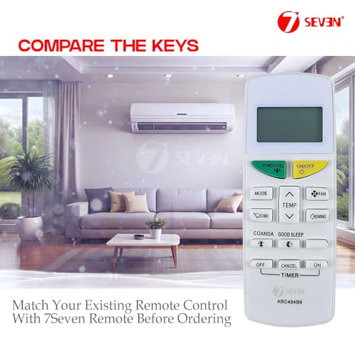 Image of 7SEVEN Compatible with Daikin AC Remote Control ARC484B9 Model 132F Suitable for FTKF50U FTL35U FTE60U 1 1.5 2 Ton Split & Window AC - Match Remote Keys Exactly to Replicate Genuine Remote Function