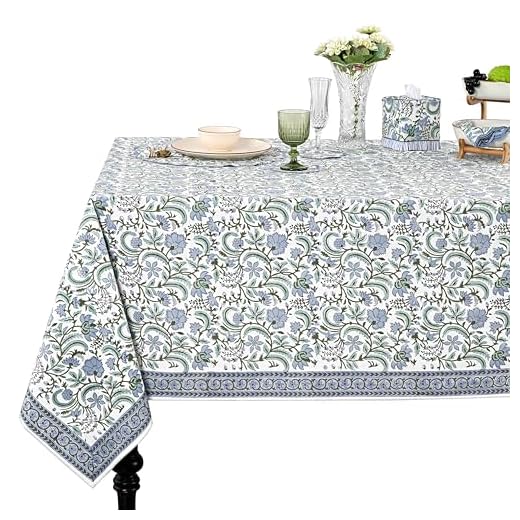 Ridhi Hand Block Print Columbia Blue Rectangle Cotton Tablecloth 90" x 60" Reusable Table Cover Decorative Everyday Use for Dining, Farmhouse, Home Gift for Spring, Easter, Valentine