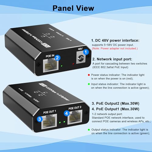 Image of PoE Switch, Gigabit Ethernet Switch, Ethernet Splitter 1 to 2, 2-Port Gigabit PoE Extender, Non-PoE to PoE Adapter, 1000Mbps High Speed for Cat 5e /6 /7 /8 Cable, Plug & Play