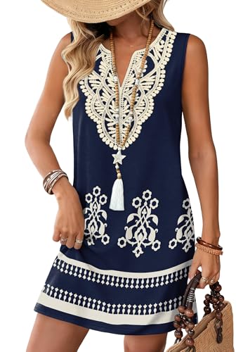 Sipaya Boho Dresses for Women Casual Tshirts Dresses Cute Summer Sundress Spring Fashion Beach Vacation Clothes Cruise Outfits 2026 Resort Wear Dark Blue Floral L