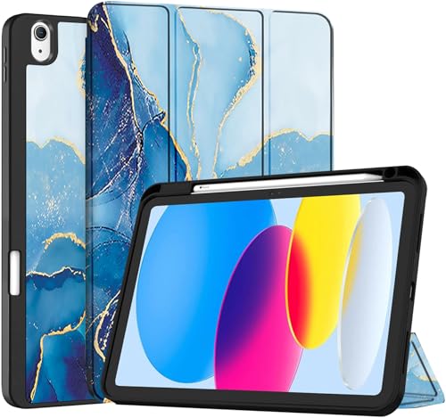 Image of Robustrion Cover for iPad 11th Generation (A16) / 10th Gen Cover Case with [Right Side Pencil Holder] [Auto Sleep Wake] [Soft Back] (2022 /2025), Case for iPad 11th 11 inch / 10th 10.9 inch - Marble Blue