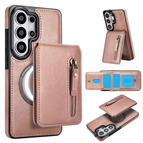 Étui pour Samsung S26 amovible avec fermeture éclair et rangement cartes couleur or rose