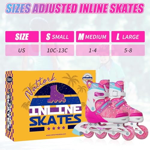Image of Nattork Adjustable Inline Skates for Youth Big Girls - with Light up Wheels - Pink Blade Roller Skating for Beginners Size 5 6 7 8 Ages 11 12 13