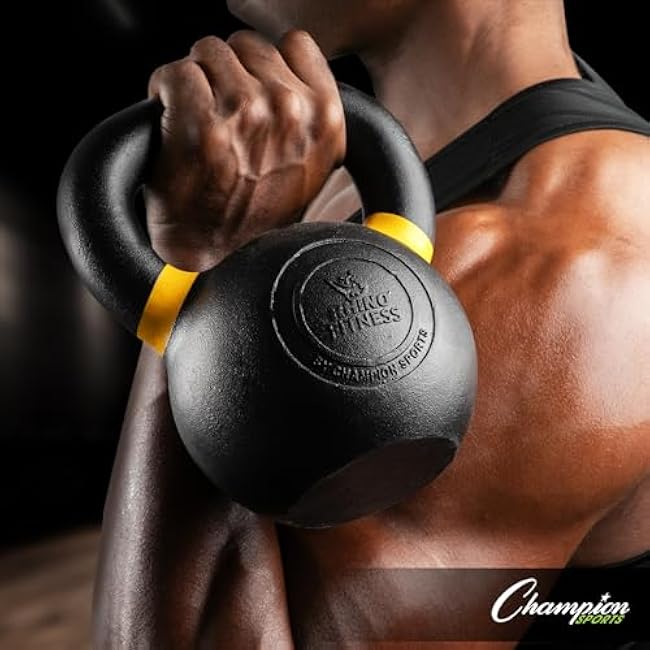 Champion Sports Rhino Fitness 5LB to 60 LB Iron Kettlebells - Full Body Powder Coated - Textured for Improved Grip - Color Coded handles