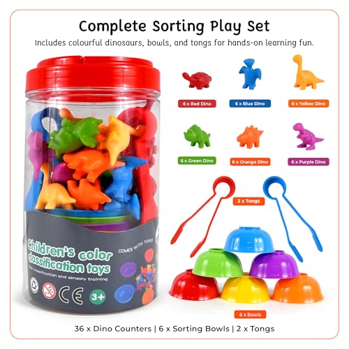 Image of BeFunky Counting Matching Game with Sorting Bowls, Color and Sensory Montessori Educational Learning Toys Set Gift for Toddlers Preschool Age 3+ Years Old (Dinosaur Box)