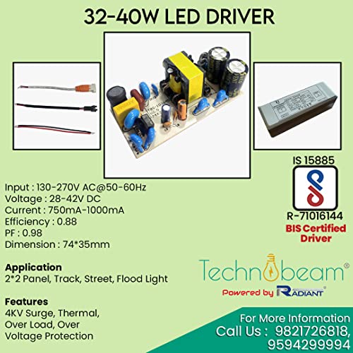 Image of TECHNOBEAM 40W driver,BIS certified Isolated driver 36V- 1000 mA with Red & Black wire at output for COB light, Steet light, flood light, And 2 x2 Panel (Pack of 2)