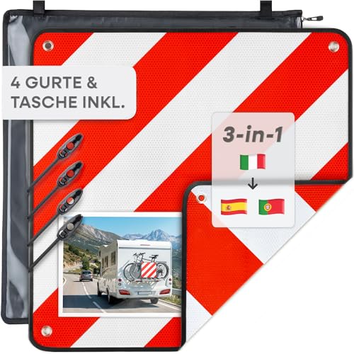Prowiste Warntafel Fahrradträger – Für Italien, Spanien & Portugal – ECE R70 geprüft – Robustes Aluminium – Einfache Montage mit Spanngurten & Tasche – Warnschild & Warntafel für Italien Fahrradträger