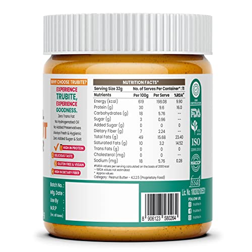 Image of Trubite Natural Peanut Butter (Crunchy) (350gm) | Unsweetened | 30g Protein | Non GMO | Gluten Free | Cholesterol Free (350G)